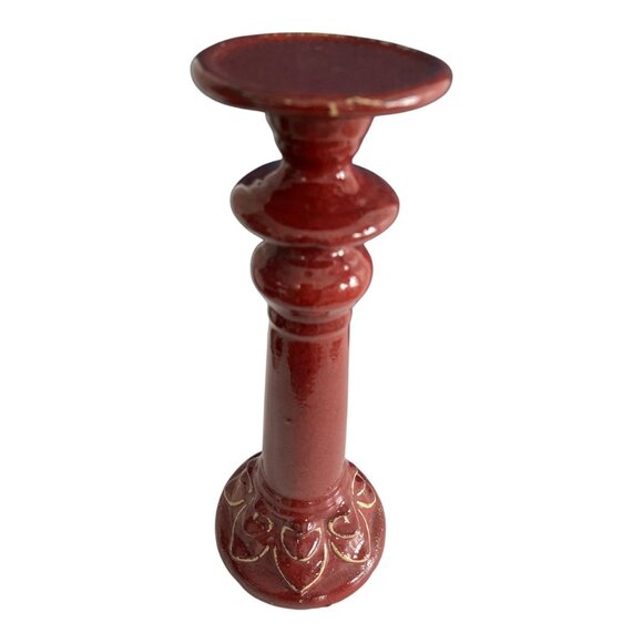 Vintage Red Ceramic Pillar Candle Holder with Gold Accents - Picture 3 of 5